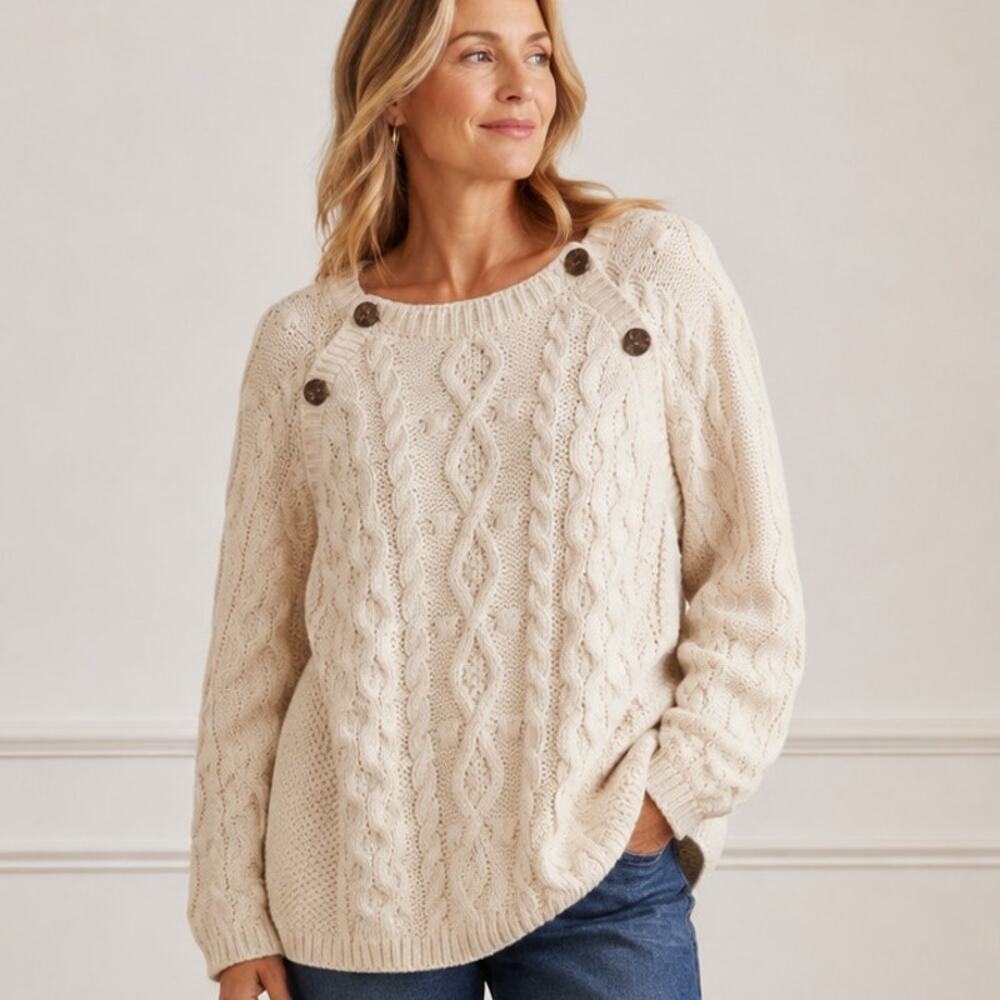 Coldwater Creek SZ XL Thick Chunky Cable Knit Fisherman Sweater Wood Buttons